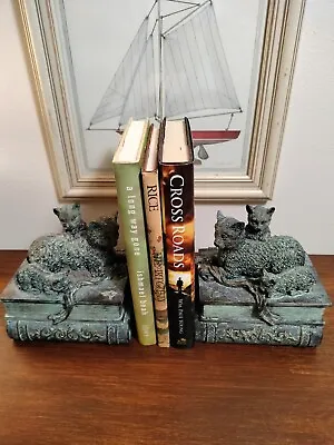 Vintage Cat Lying On Books Bookends - Faux Bronze Finish - Fascinating Flips • $29