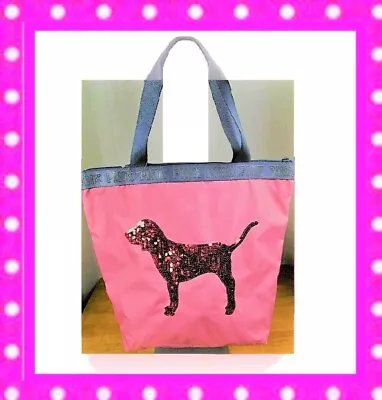 LARGE BLING Victoria Secret Pink BEGONIA SEQUIN DOG WEEKENDER BAG TRAVEL CARRYON • $29.99