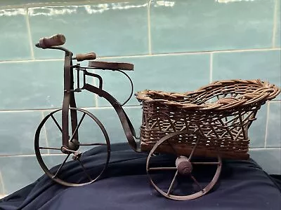 Antique Doll Size Victorian Tricycle With Wicker Basket 16”x9” Basket Is 9”x 5” • $44.99