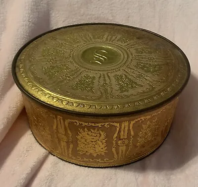 Vintage Gold Large Round Tin Container Guildcraft New York USA Sewing Box Decor • $22.89