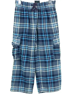 Mini Boden Boys Blue Gray Flannel Plaid Lounge Cargo Pants Pockets EUC Size 5-6 • $14.90