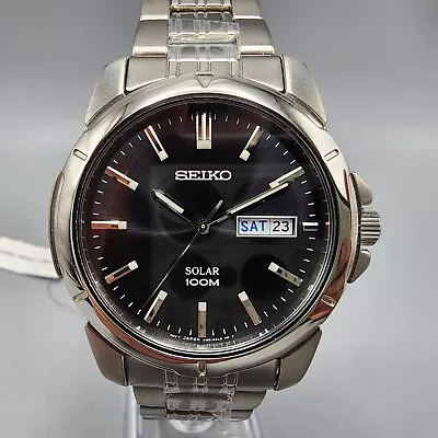 Seiko Core Solar Watch Men 39mm Black Dial Daydate Silver Tone SNE093 Round • $99.99