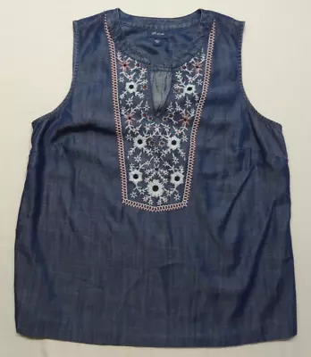 ALTERED J Jill Denim XS Embroidered Tank Top V-Neck Floral Indigo Sleeveless XXS • $9.98