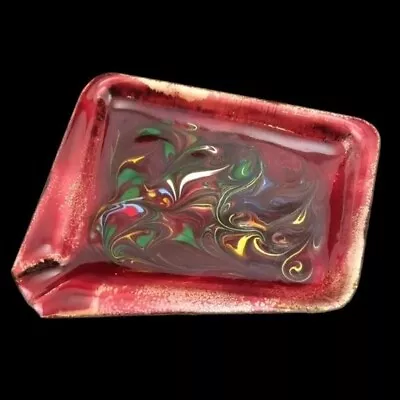 Vintage Enamel On Copper Red Abstract Ashtray Artisan Made Geometric • $25