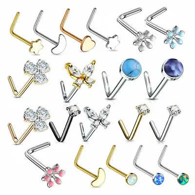 L Bend Nose Shaped Gold Stud Ring 316L Surgical Steel Opal CZ Rings 20G Jewelry • $4.91