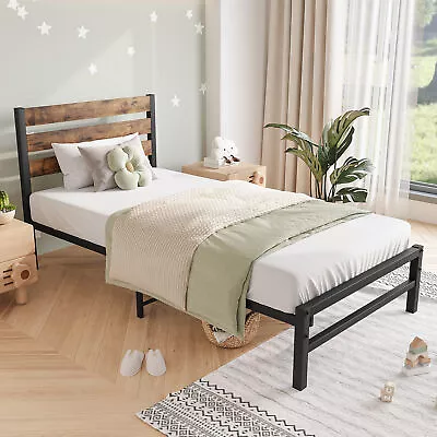 Twin Size Bed Frame With Vintage Wood Headboard Metal Slats Support • $120.32