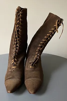 Vintage Victorian Ladies High Top Lace Up Boots Brown Suede Narrow Point Toe • $60