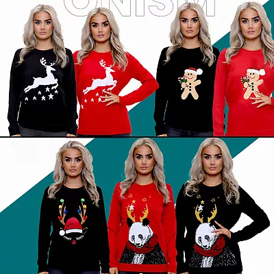 Ladies Women's Xmas Elves Pandas Antlers Reindeer Gingerbread Knitted Jumper Top • £16.99