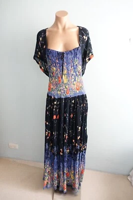 $25 • Buy Vintage 1980s Womens Kaktus Maxi Dress One Size Blue Floral Boho Hippie Flowy