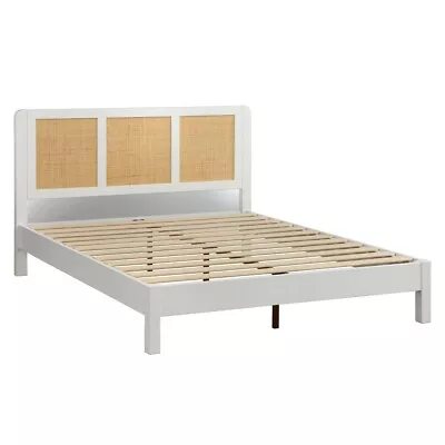 Mid Century Platform Bed Frame Headboard Low Profile Queen Size Solid Wood White • $599.99