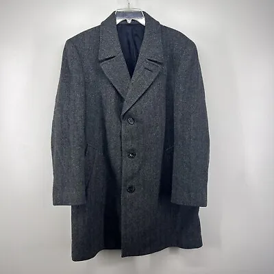 Adams Row Coat Mens 42L Gray Herringbone Long Button Pure Virgin Wool • $67.50