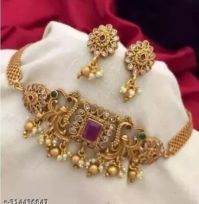 22K Gold Plated Jhumka Earrings Indian Bollywood Choker Necklace Bridal Jewelry • $18.99