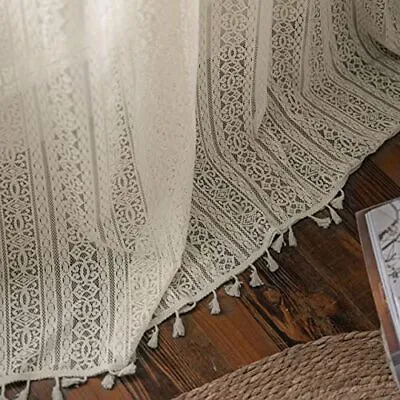 Boho Lace Curtains With TasselVintage Geometric Neutral Curtains 63 Inch  • $55.48