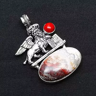 Crazy Lace Agate Coral Gemstone Ethnic Lion Pendant Jewelry 2.36  AP-31638 • $5.75