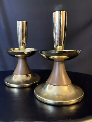 Mid Century Danish Candle Holders Modern Brass & Teak Walnut Pair Vintage • $54.71