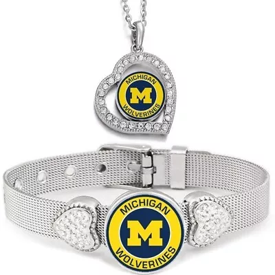 2PcSet Michigan Wolverines Womens Sterling Silver Necklace With Bracelet • $29.95