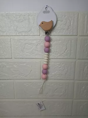 New Mudpie Silicone Pacifier Clip Wooden Bird Pacy Pink & Lavender • $12.99