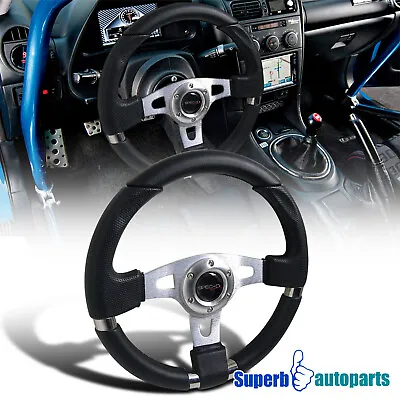 Black Leather 340mm Jet Style Aluminum 6 Hole Racing Steering Wheel • $26.98