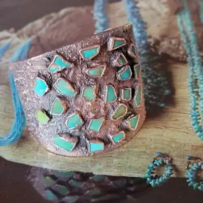 Vintage Solid Copper Bell Trading Turquoise Large Cuff Bracelet~corinthian Disk • $225