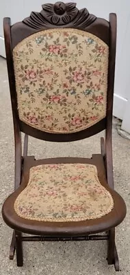 Folding Wooden Rocking Chair Ornate Headrest Vintage Floral Rocker Wood Antique  • $75