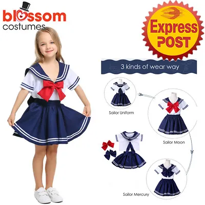 N148 Navy Sailor Moon Mercury Girls Costume Child Book Week Blue Red Uniform • $25.16