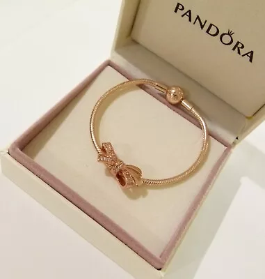 $159 • Buy Genuine Rose Gold PANDORA Moments Bracelet With Rose Gold Bow Charm-R Gold PROMO
