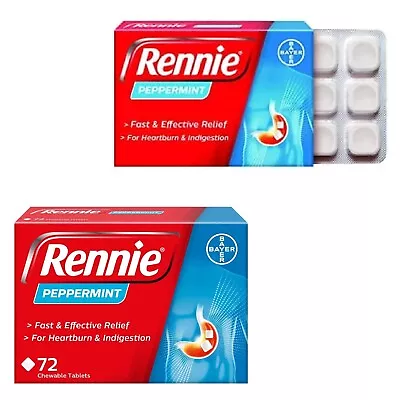 Rennie Antacids Peppermint Flavour Heartburn Relief Acid Reflux 72 Tablets • £8.79