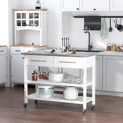 Stainless Steel Top Kitchen Island Utility Serving Storage Cart On Wheels White • $192.74