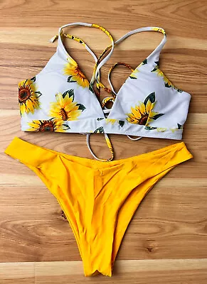 Women’s Zaful Yellow Sunflower Tie-back Bikini Size 8 With Cheeky Bottoms • $14.98