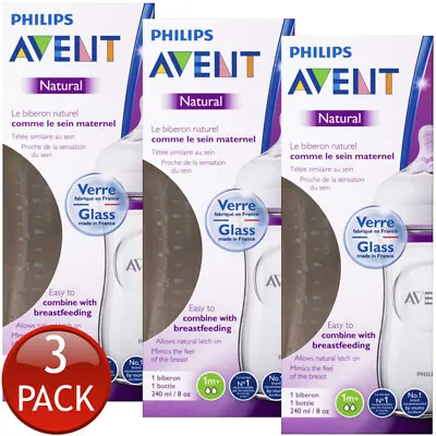 $67.07 • Buy 3 X Philips Avent Natural Feeding Glass Bottle 1M+ 240Ml Soft Breastfeeding