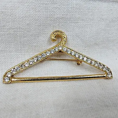 2  Vintage Gold Tone Clothes Hanger Rhinestone Fashion Brooch Pin • $19.34