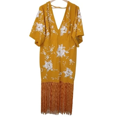 $90 • Buy 20 ASOS CURVE Floral Dress Fringe Embroidery Yellow Cocktail Races NWT $159