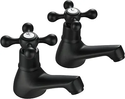 Wasserrhythm Basin Pillar Taps Pair Black Mixers Victorian Twin Bathroom Sink T • £36.85