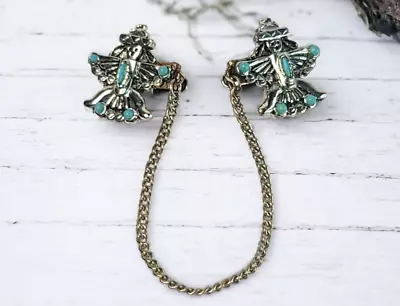 Vintage Southwest Tribal Sweater Clip Silver Tone Turquoise Color Estate • $16.99