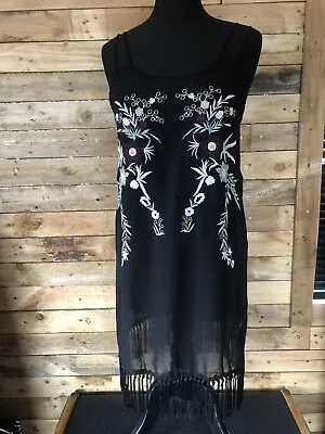 £9.99 • Buy Topshop Sheet Black Cami Dress With Embroidery Detail And Tassels Size 8