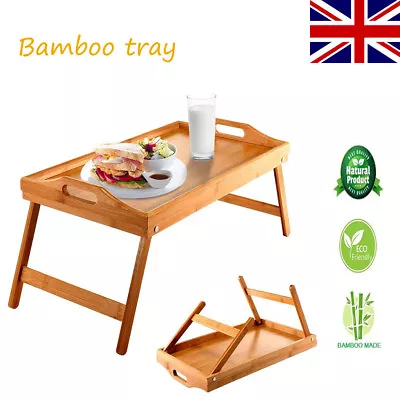 Bamboo Tray Wooden Breakfast Lap Over Bed Serving Tray Folding Legs Laptop Table • £11.25