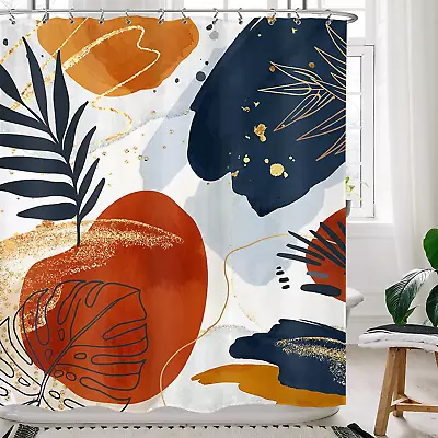 Abstract Boho Shower Curtain 60Wx72H Inches Navy Blue Gold Leaves Plants Minimal • $26.24