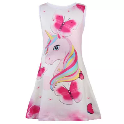 Kids Girl Rainbow Unicorn Midi Dress Children Party Tutu Dress Princess Holiday • £10.57
