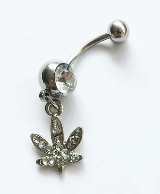 Clear Cannabis Pot Leaf Rhinestone Crystal Gem Navel Belly Bar - Bb30 • £4.45