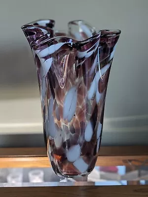 Beautiful Purple / White Hand Blown Ruffled Glass Vase Made In Poland  • $29