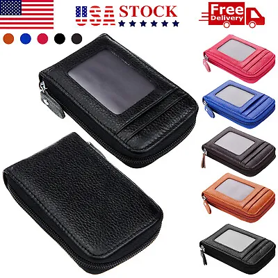 Genuine Leather Men Women Wallet Credit Card Holder RFID Blocking Zipper Pocket • $8.05