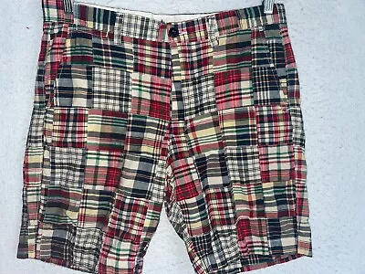 MENS J CREW SHORTS MADRAS PLAID PATCHWORK COTTON Sz 33 Multicolor Pocket • $19.99