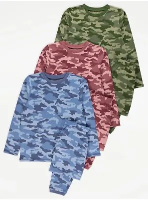 Boy Camouflage Long Sleeve Pyjamas 3 Pack 6Pcs Age 11-12 Years Height 146-152cm • £12.99