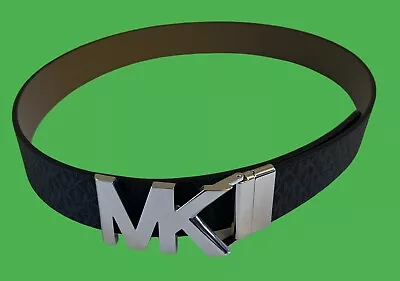 New MICHAEL KORS Twist Reversible Mk Logo Black Grey Silver Buckle Belt Medium • $36