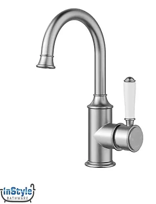 New- Vintage Range-Round Gooseneck Basin Mixer-Ceramic Handle- BRUSHED NICKEL • $349