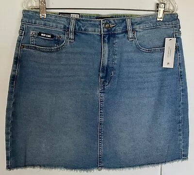 DKNY Jeans Stretch Mid Denim A-Line Skirt - Frayed Hem - Med Wash - Size 12 -NWT • $16.99