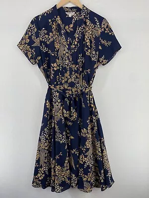 NANETTE LEPORE Dress 10 Floral Crepe Pintuck Half Button A-Line Tie Waist Blue • $29.99
