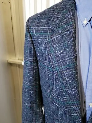 38S Vintage Made In FRANCE Plaid Fleck Wool Tweed Sport Coat Jacket Blue Green • $299.95