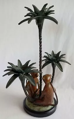 Solid Brass Candle Holder Two Monkeys Three Palm Trees W/Three Holders Gatco • $36