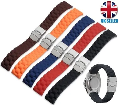 Silicone Rubber Sport Watch Strap Band Black Brown Red Orange Navy Blue 16-24mm • £5.99